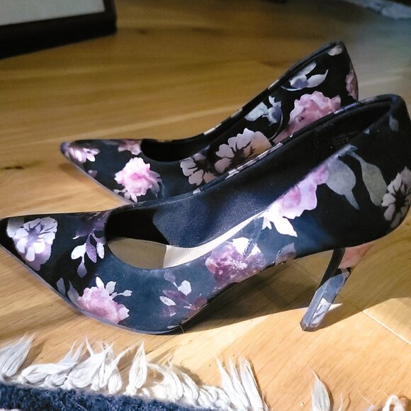 Chic Black Floral Pink Cream Lilac Design Silk Sheen Stiletto Heels 5.5 Comfort - Picture 6 of 16